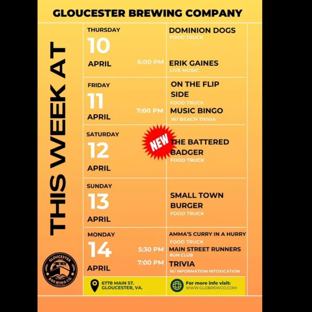 Here’s what’s happening this week at GBC:

4/10- Food truck: @dominiondogs 
Live music: @erikgainesmusic 6pm

4/11- Food truck: @ontheflips 
Music Bingo w/ @beachtrivia 7pm

4/12- Food truck: @thebatteredbadger 
New Food Truck! Come out and give it a try!

4/13- Food truck: @smalltownburgerkilmarnock 

4/14- Food truck: @ammascurryinahurry 
Main Street Runners 5:30pm
Trivia w/ @informationintoxication 7pm