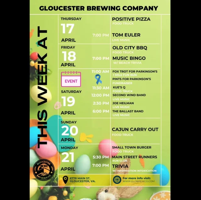 Here’s what’s happening this week at GBC:

4/17- Food truck: @positivepizzafoodtruck 
Live music: Tom Euler 7pm

4/18- Food truck: @oldcitybbqfoodtruck 
Music Bingo w/ @beachtrivia 7pm

4/19- ✨ SPECIAL EVENT ✨ 
Fox Trot for Parkinson’s 1 mile fun run 11am
Pints for Parkinson’s Fundraiser 11am
Food truck: @kues_q 11:30am
Live music: @secondwindbandofficial 12pm
Live music: @joeheilmanmusic 2:30pm
Live music: The Ballast Band 6pm

4/20- Food truck: @cajuncarryout 

4/21- Food truck: @smalltownburgerkilmarnock 
Run Club: @mainstreetrunners 5:30pm
Trivia w/ @informationintoxication 7pm
