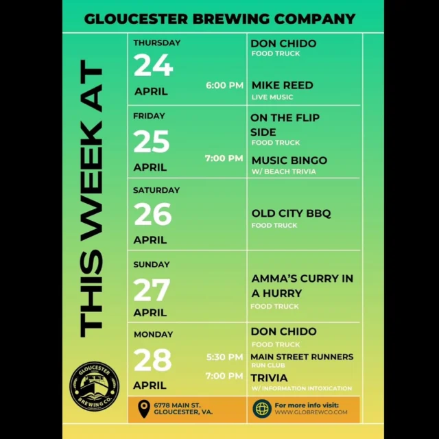 Here’s what’s happening this week at GBC:

4/24- Food truck: @donchidova 
Live music: Mike Reed 6pm

4/25- Food truck: @ontheflips 
Music Bingo w/ @beachtrivia 7pm

4/26- Food truck: @oldcitybbqfoodtruck 

4/27- Food truck: @ammascurryinahurry 

4/28- Food truck: @donchidova 
Run meet up w/ @mainstreetrunners 5:30pm
Trivia w/ @informationintoxication 7pm